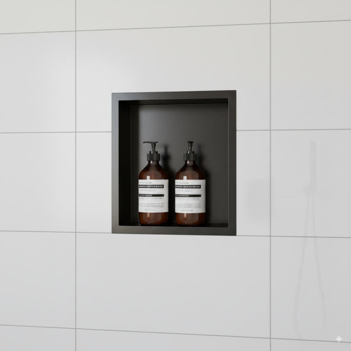 300mm (w) x 300mm (h) Matt Black Stainless Steel Square Pre-Formed Shower Niche