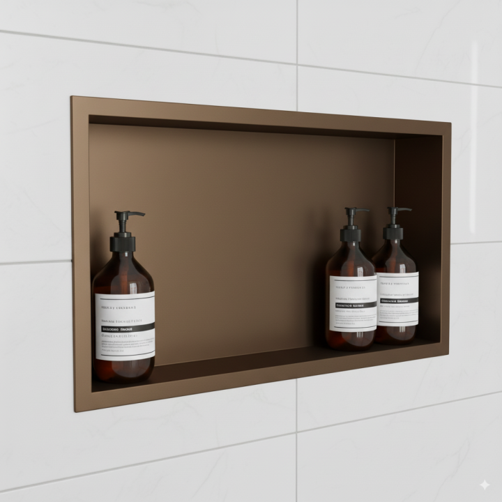 Brushed Bronze Stainless Steel Rectangular Pre-Formed Shower Niche (Dual-orientation) - closeup