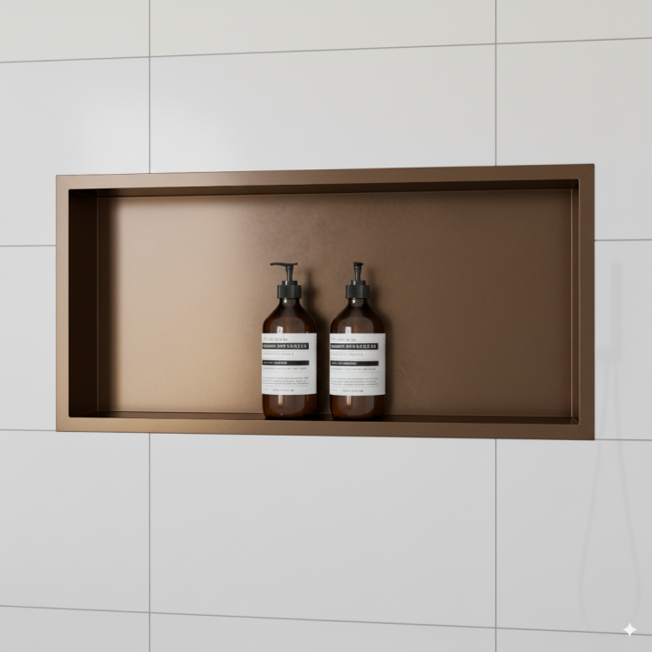 600mm (w) x 300mm (h) Brushed Bronze Stainless Steel Rectangular Pre-Formed Shower Niche (Dual-orientation)