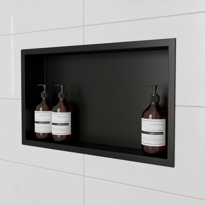 450mm (w) x 300mm (h) Matt Black Stainless Steel Rectangular Pre-Formed Shower Niche (Dual-orientation) - close up