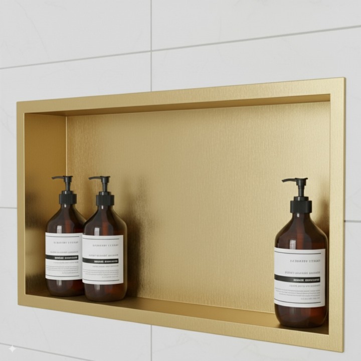 Brushed Brass Stainless Steel Rectangular Pre-Formed Shower Niche - closeup
