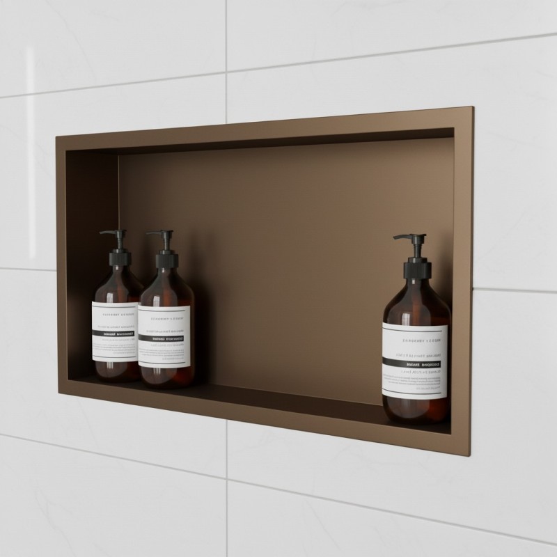 450mm (w) x 300mm (h) Brushed Bronze Stainless Steel Rectangular Pre-Formed Shower Niche (Dual-orientation) - close up