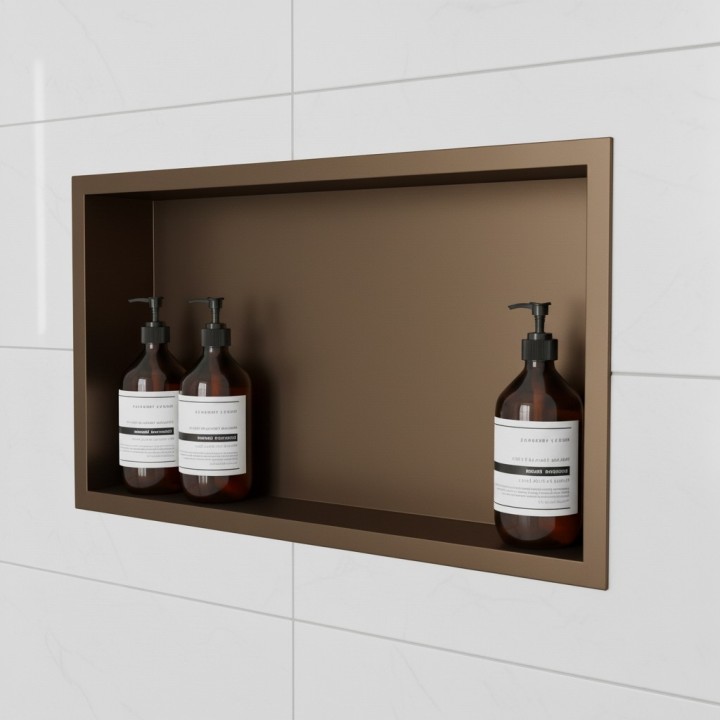 450mm (w) x 300mm (h) Brushed Bronze Stainless Steel Rectangular Pre-Formed Shower Niche (Dual-orientation) - close up