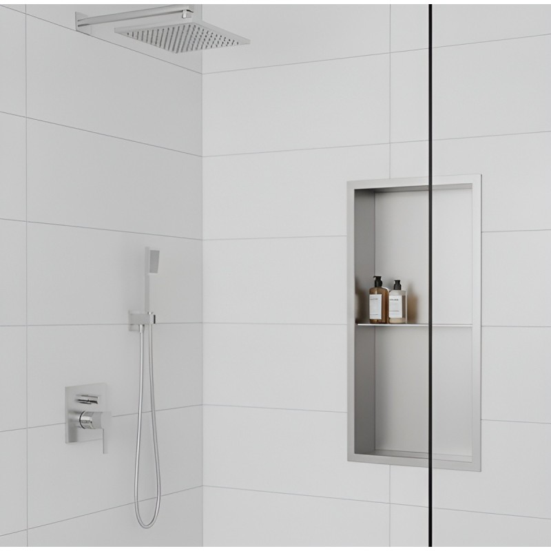 300mm(w) x 600mm(h) Stainless Steel Rectangular Pre-Formed Shower Niche with Shelf close up