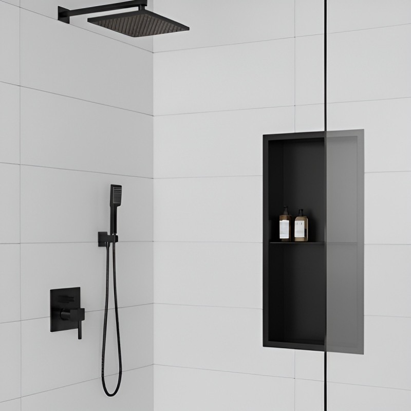 300mm(w) x 600mm(h) Matt Black Stainless Steel Rectangular Pre-Formed Shower Niche with Shelf close up