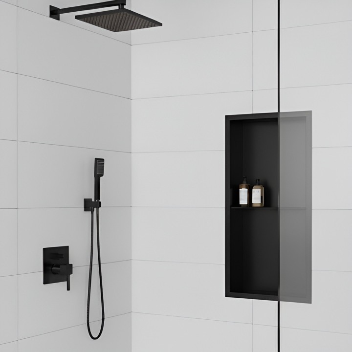 300mm(w) x 600mm(h) Matt Black Stainless Steel Rectangular Pre-Formed Shower Niche with Shelf close up