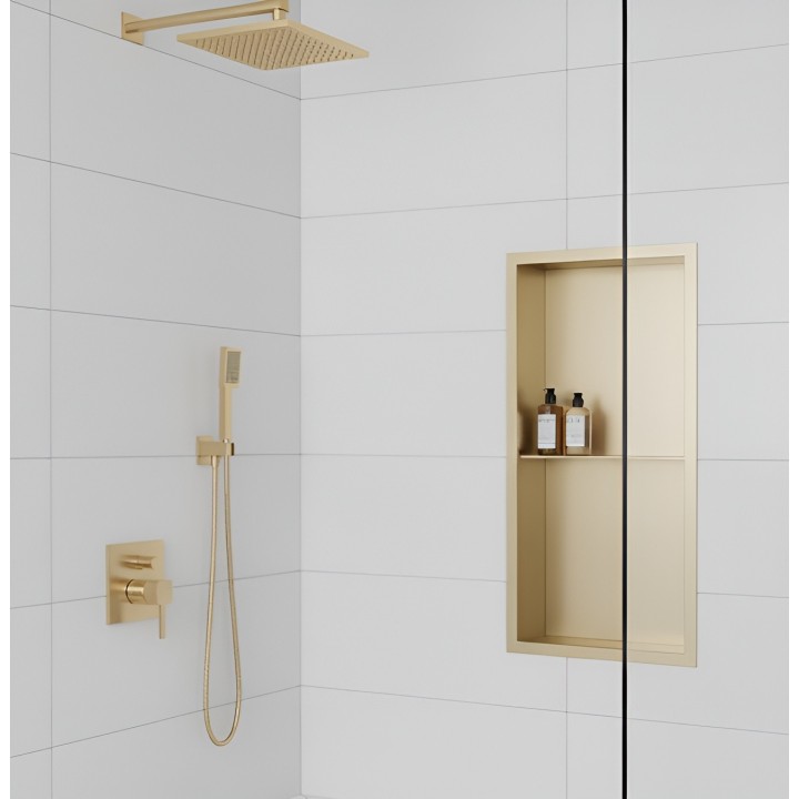 300mm(w) x 600mm(h) Brushed Brass Stainless Steel Rectangular Pre-Formed Shower Niche with Shelf close up