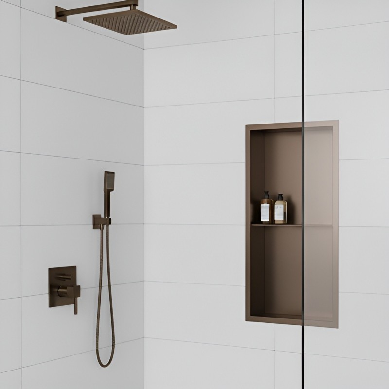 300mm(w) x 600mm(h) Brushed Bronze Stainless Steel Rectangular Pre-Formed Shower Niche with Shelf close up