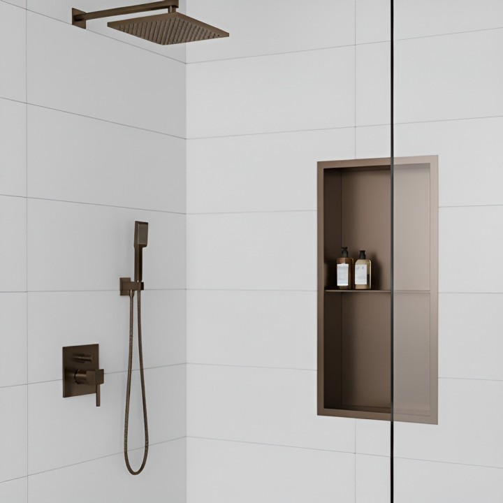 300mm(w) x 600mm(h) Brushed Bronze Stainless Steel Rectangular Pre-Formed Shower Niche with Shelf close up