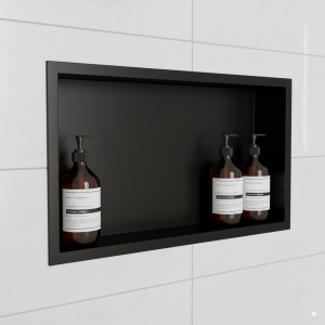 600mm (w) x 300mm (h) Matt Black Stainless Steel Rectangular Pre-Formed Shower Niche (Dual-orientation)