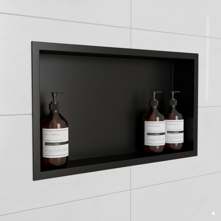 600mm (w) x 300mm (h) Matt Black Stainless Steel Rectangular Pre-Formed Shower Niche (Dual-orientation) close up