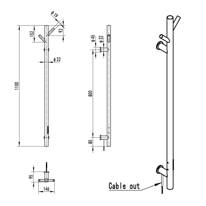 140mm (w) x 1100mm (h) Brushed Brass Stainless Steel Dry Electric Coat Robe Hanger/Dryer (In-Built Controller)