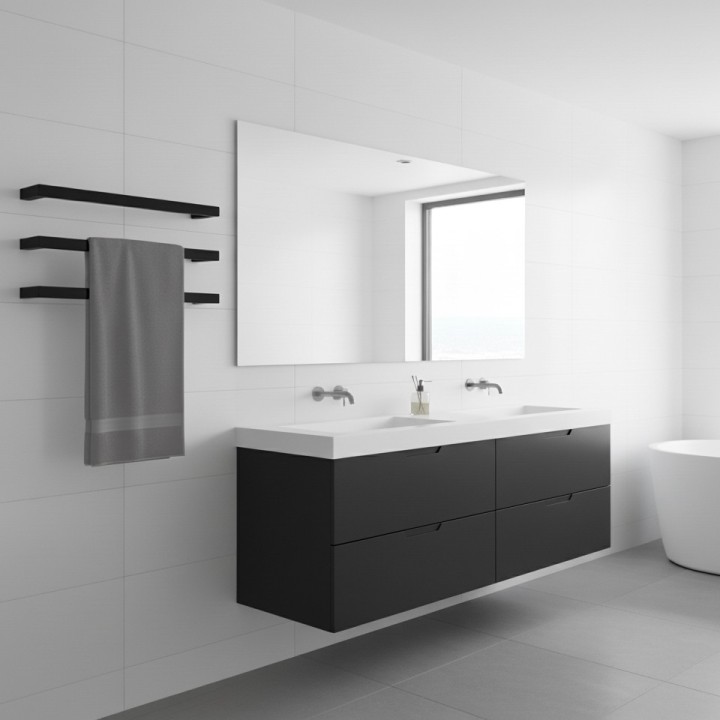 550mm(w) Square Matt Black Stainless Steel Heated Electric Towel Bars - closeup