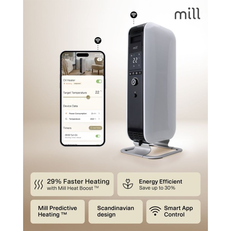 1500W WIFI Enabled Mill Electric Oil-Filled Vertical Free Standing Heater