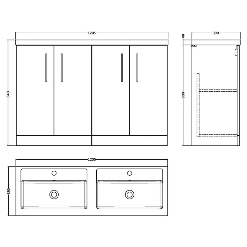 Arno 1200mm Freestanding Cupboard Double Sink Vanity Units