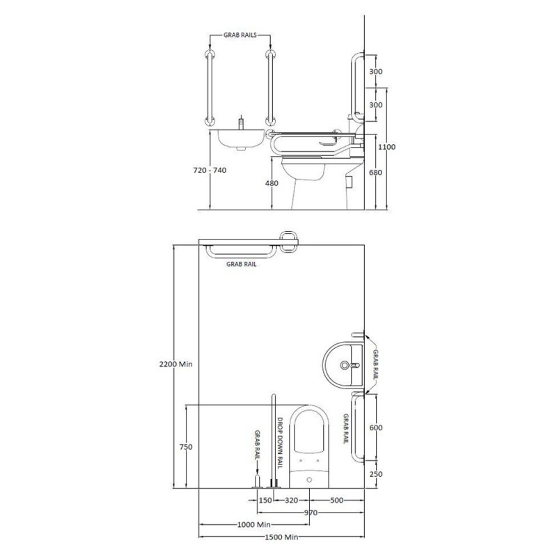 Disabled Bathroom Toilet Basin and Grab Rails - White - Technical Drawing