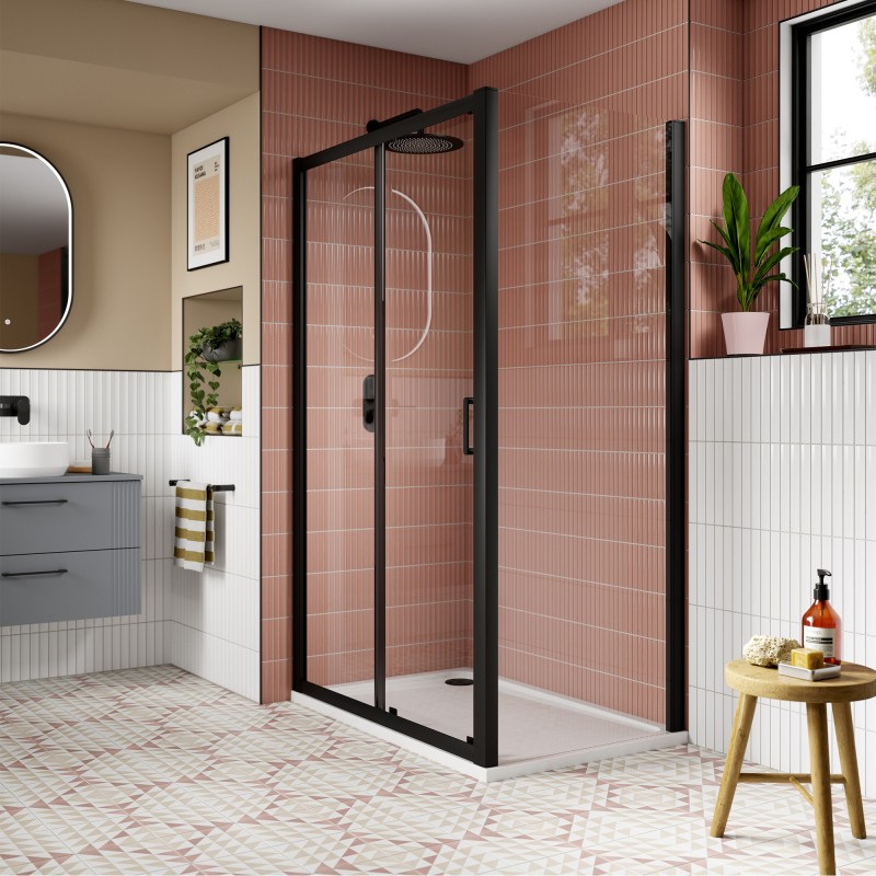 Lucie 8mm Matt Black Single Sliding Shower Doors 1200mm to 1700mm (w) - 3 Sizes - Insitu