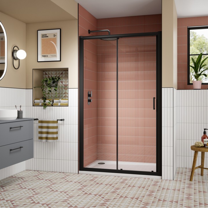 Lucie 8mm Matt Black Single Sliding Shower Doors 1200mm to 1700mm (w) - 3 Sizes - Insitu