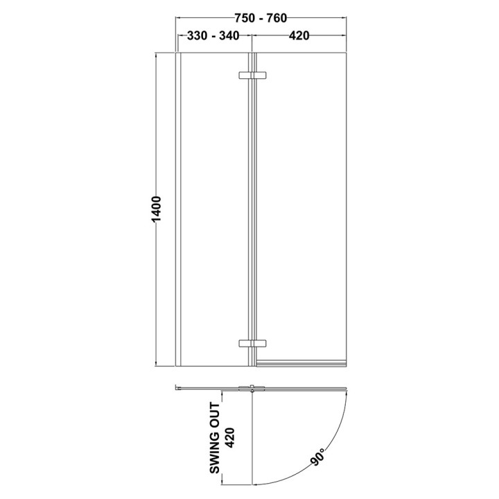 Chrome Square Fixed Shower Bath Screen with Double Hinge 760mm(w) x 1400mm(h) - 5mm Glass