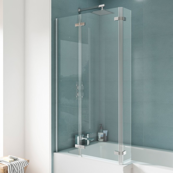 Chrome Square Fixed Shower Bath Screen with Double Hinge 760mm(w) x 1400mm(h) - 5mm Glass
