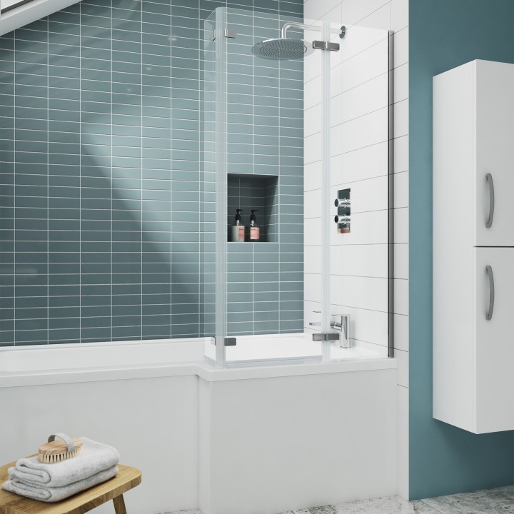 Chrome Square Fixed Shower Bath Screen with Double Hinge 760mm(w) x 1400mm(h) - 5mm Glass