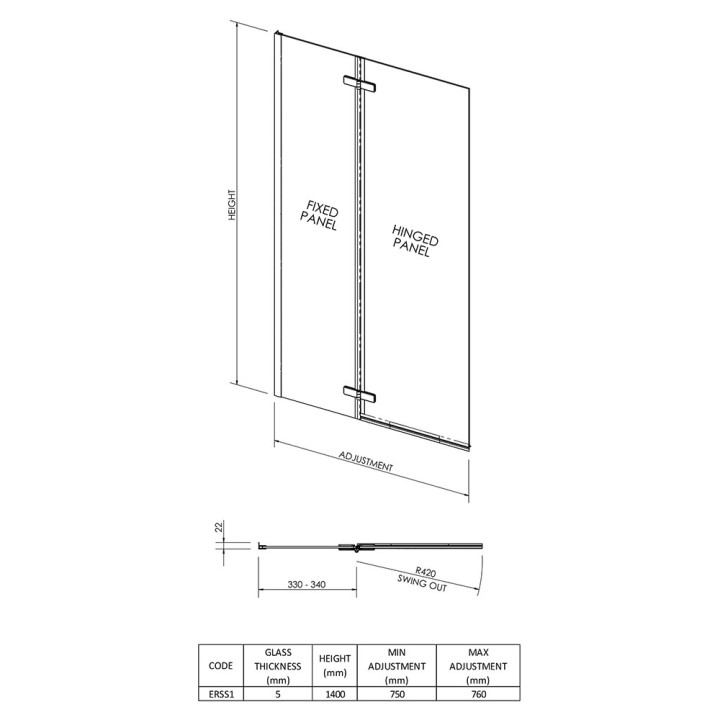 Chrome Square Fixed Bath Screen with Large Hinged Panel 750mm(w) x 1400mm(h) - 5mm Glass
