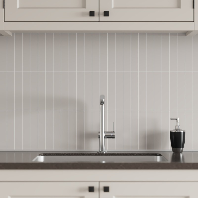 Warm Grey Kitchen Splashback Tile Effect - Fibo - 4x20cm Vertical Tiles