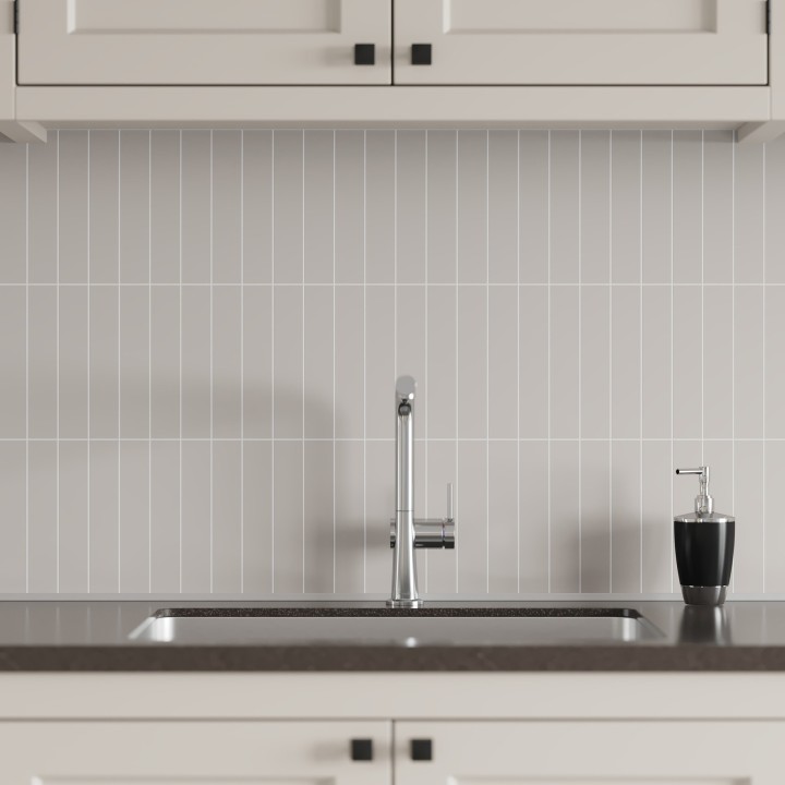 Warm Grey Kitchen Splashback Tile Effect - Fibo - 4x20cm Vertical Tiles