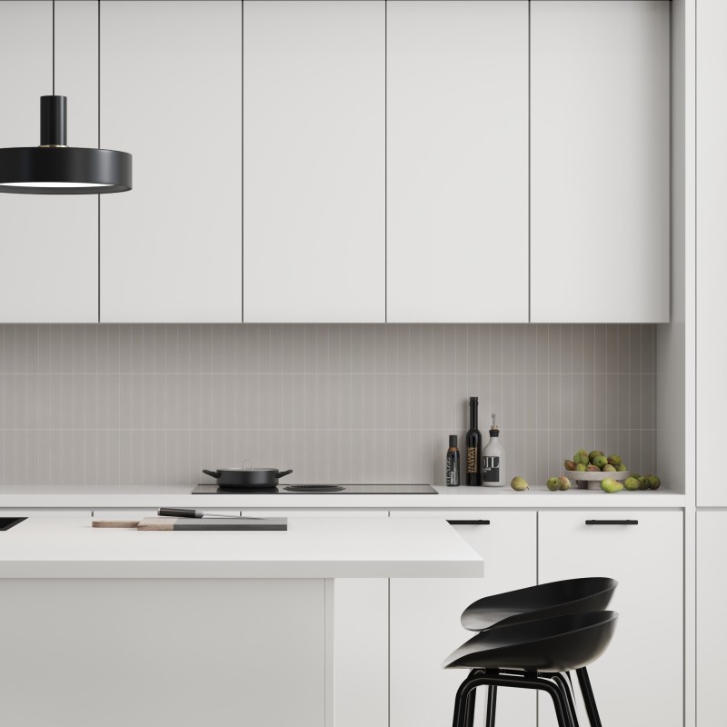 Warm Grey Kitchen Splashback Tile Effect - Fibo - 4x20cm Vertical Tiles
