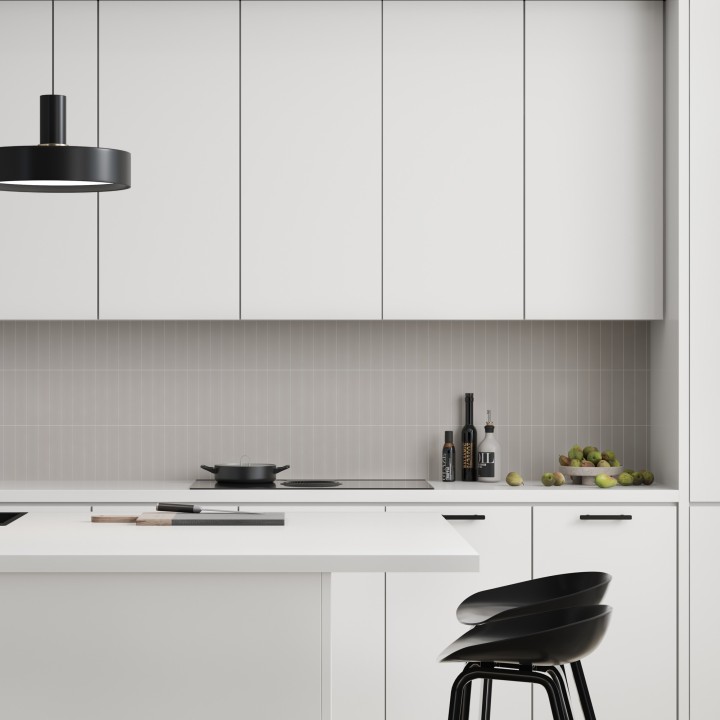 Warm Grey Kitchen Splashback Tile Effect - Fibo - 4x20cm Vertical Tiles