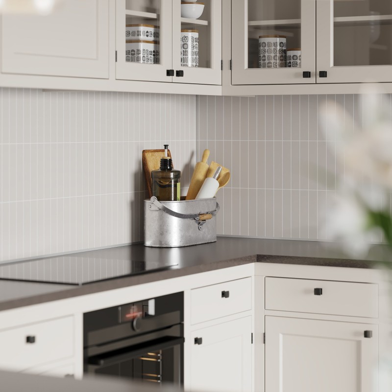 Warm Grey Kitchen Splashback Tile Effect - Fibo - 4x20cm Vertical Tiles