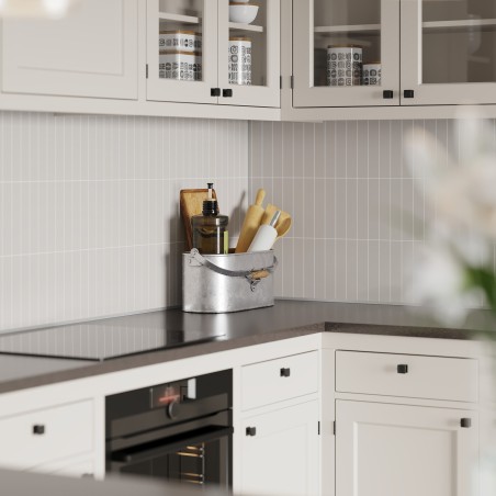 Warm Grey Kitchen Splashback Tile Effect - Fibo - 4x20cm Vertical Tiles