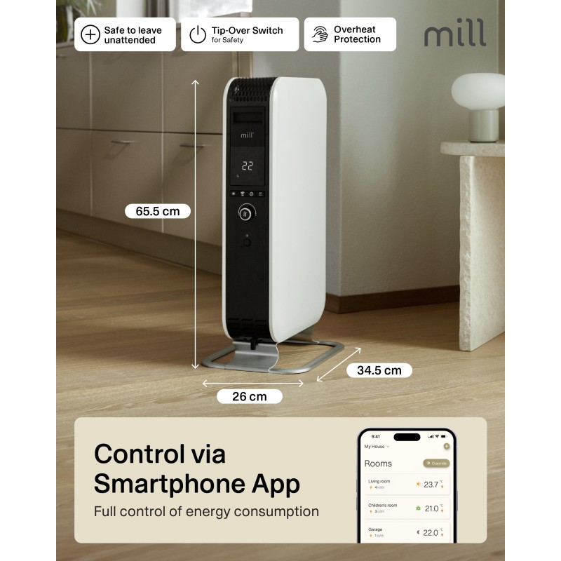 1500W WIFI Enabled Mill Electric Oil-Filled Vertical Free Standing Heater