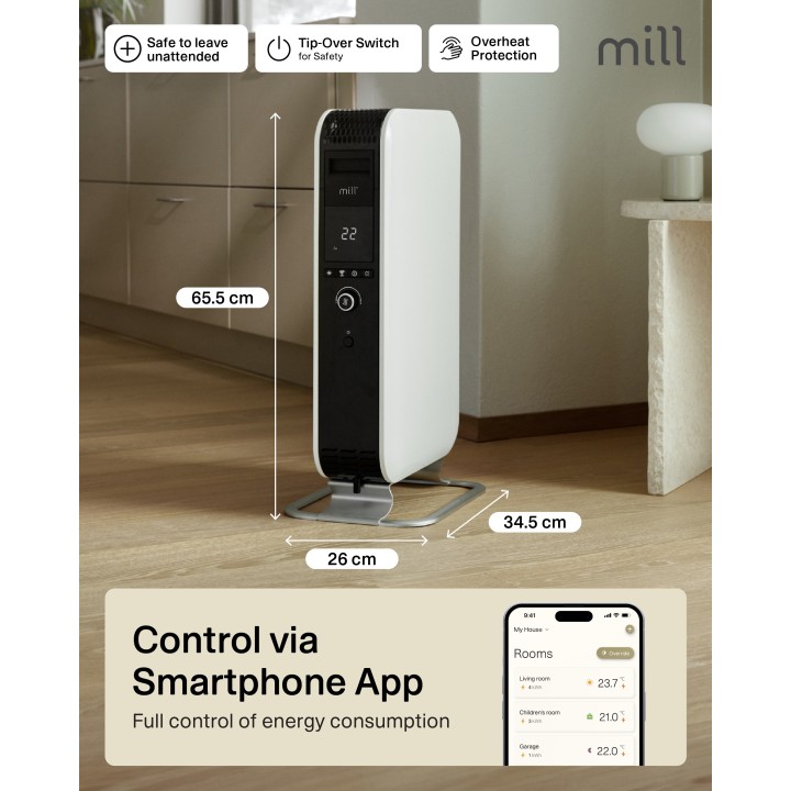 1500W WIFI Enabled Mill Electric Oil-Filled Vertical Free Standing Heater