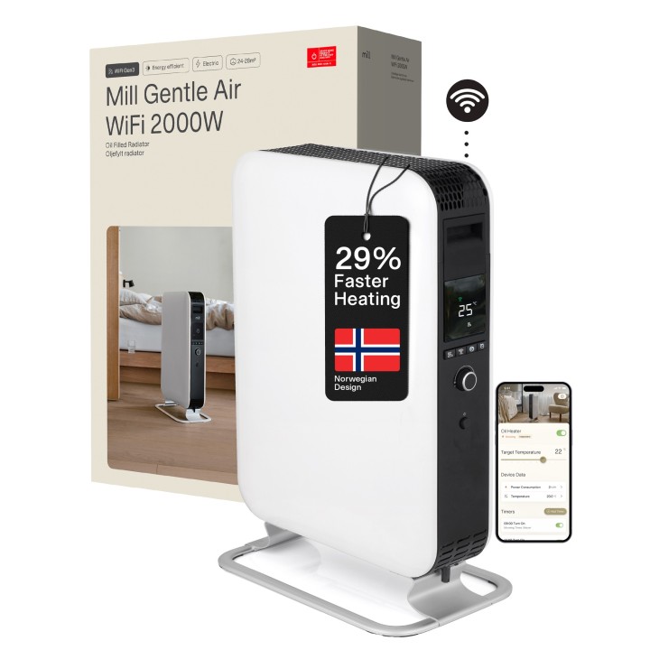 2000W Mill WIFI Designer Electric Oil-Filled Vertical Free Standing Heater - 420mm(w) x 660mm(h)