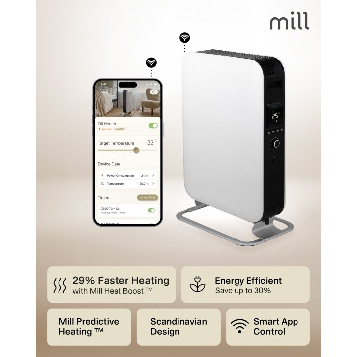 2000W WIFI Enabled Mill Electric Oil-Filled Vertical Free Standing Heater