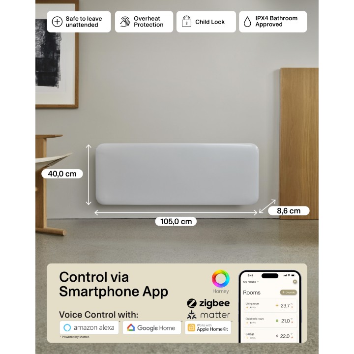1300W "Mill" Designer Electric WiFi Bluetooth Panel Heater