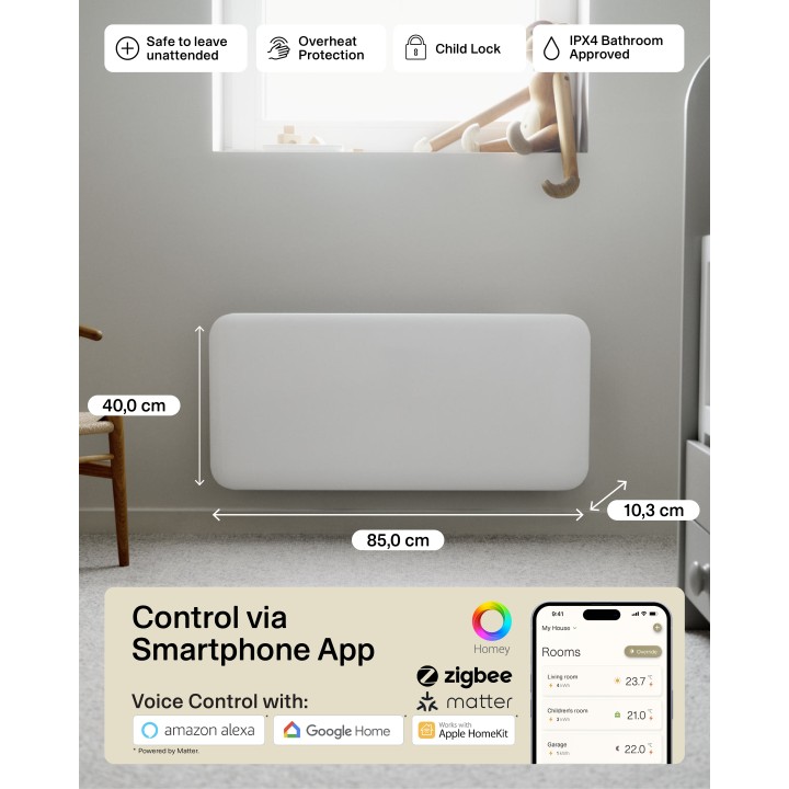 1500W "Mill" Designer Electric WiFi Bluetooth Panel Heater