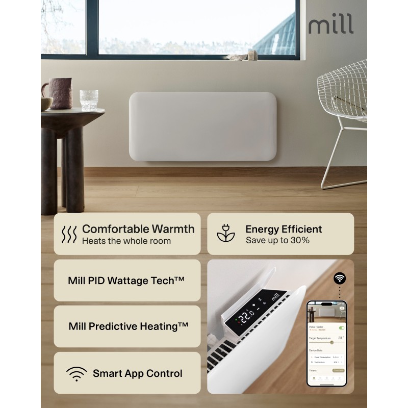 700W Mill Designer Electric WiFi White Panel Heater