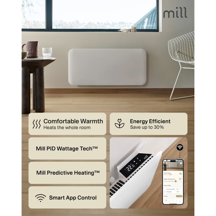 700W Mill Designer Electric WiFi White Panel Heater