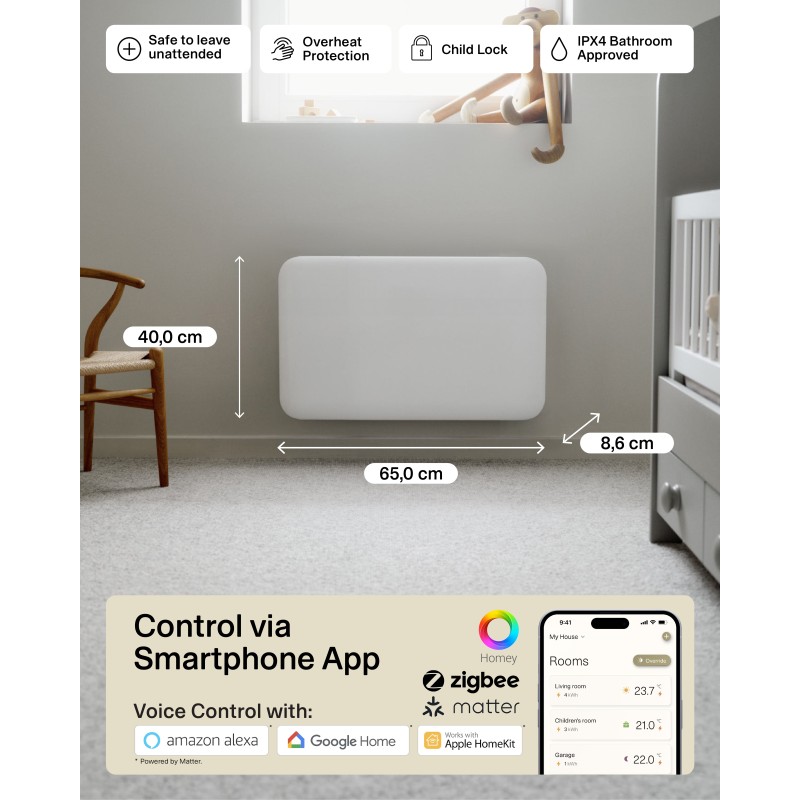 700W Mill Designer Electric WiFi White Panel Heater