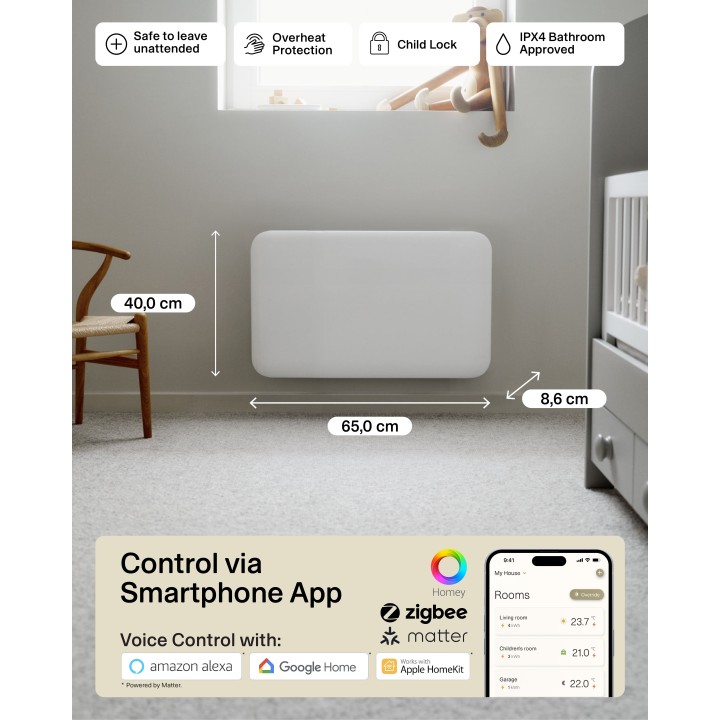 700W Mill Designer Electric WiFi White Panel Heater