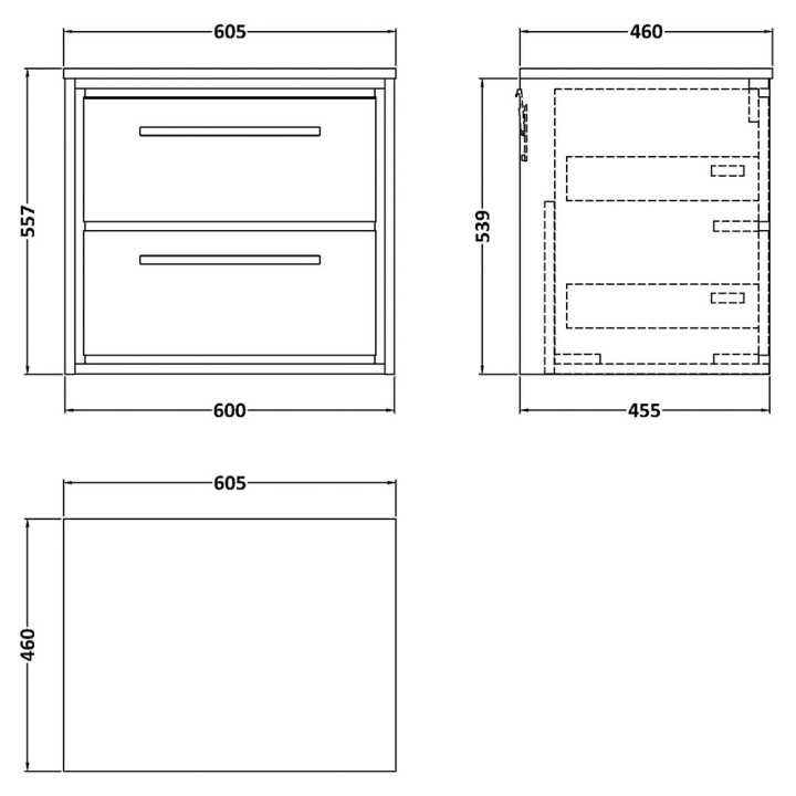 Lille 600mm Wall Hung Double Drawer Worktop Vanity Units