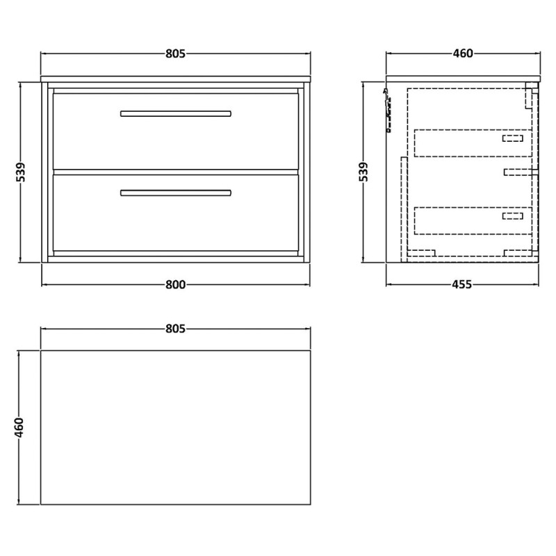 Lille 800mm Wall Hung Double Drawer Worktop Vanity Units
