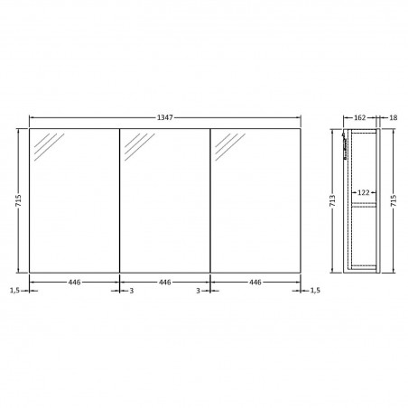 Quartet Gloss Grey 1347mm(W) x 715mm(H) 3 Door Mirror Cabinet - Technical Drawing