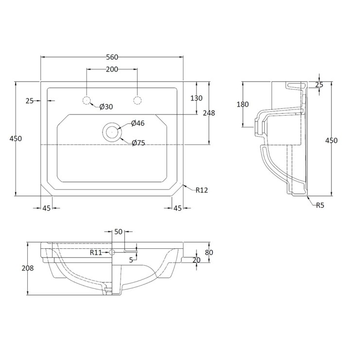 Carlton 560mm (w) x 208mm (h) Semi Recessed Basin - 2 Tap Hole