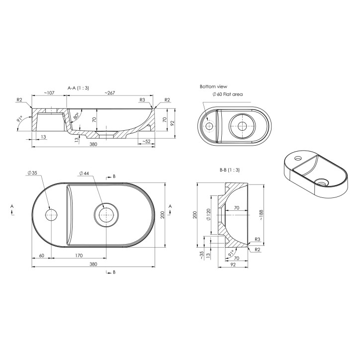 Serena 380mm(w) x 200mm(d) Mini Resin Washbowl (1 Tap Hole)