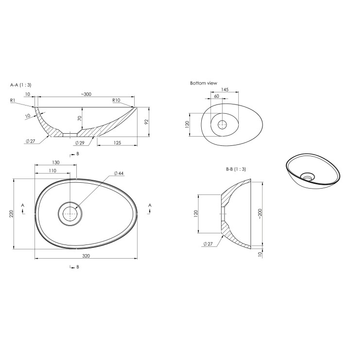 Vasca 320mm (w) x 220mm(d) Mini Resin Washbowl