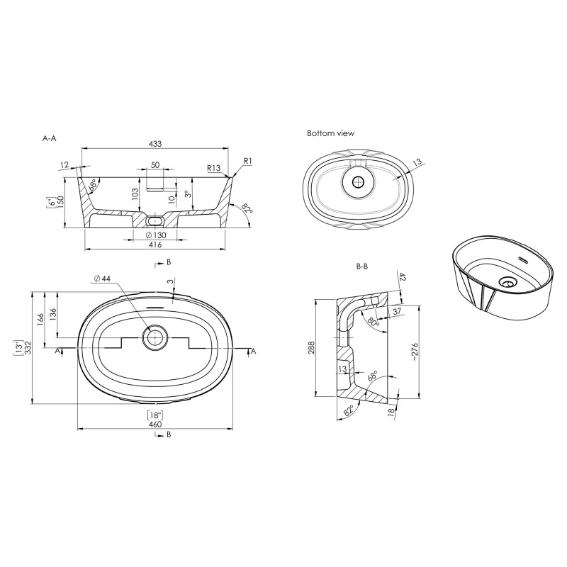 Siena 460mm(w) x 320mm(d) Resin Washbowl - White