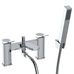 Kyro Twin Lever Deck Mounted Bath Filler Tap with Hand Shower & Parking Bracket - Chrome